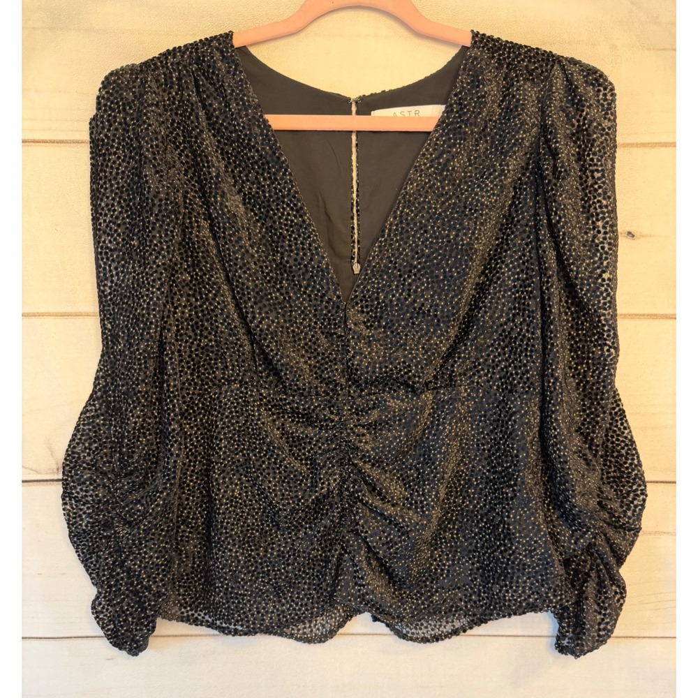ASTR The Label Black Velvet Dot Puff Sleeve Ruched Blouse Top ACT15606 L